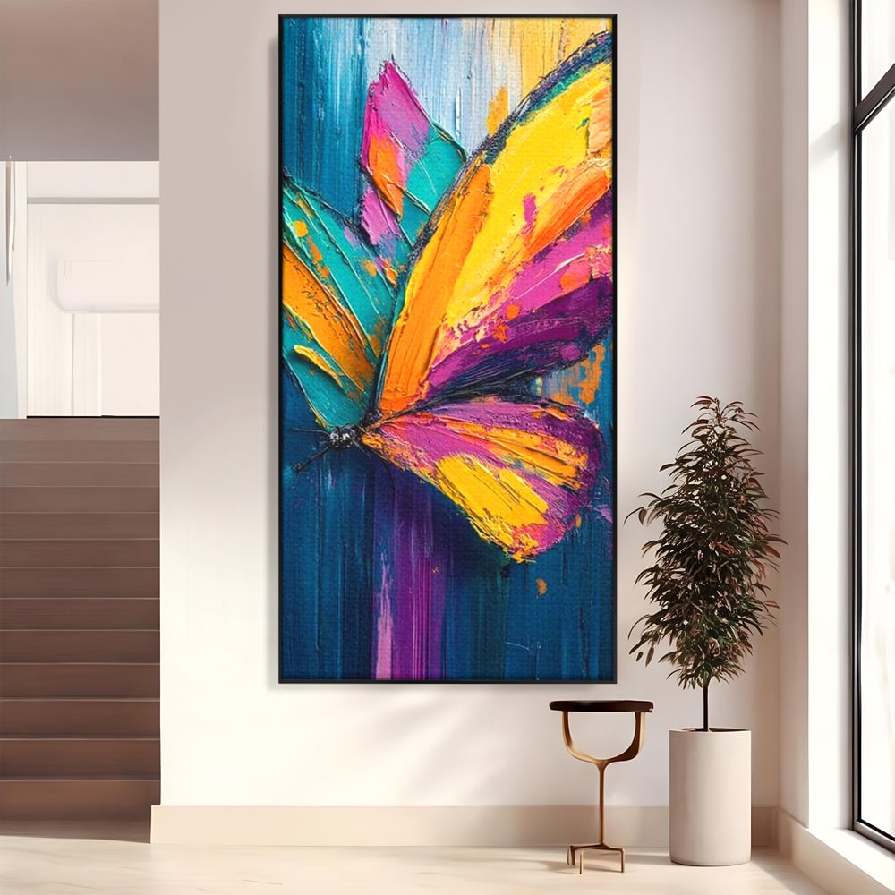 Tablou canvas cu pictura canvas cu fluture colorat, in rama de aluminiu negru