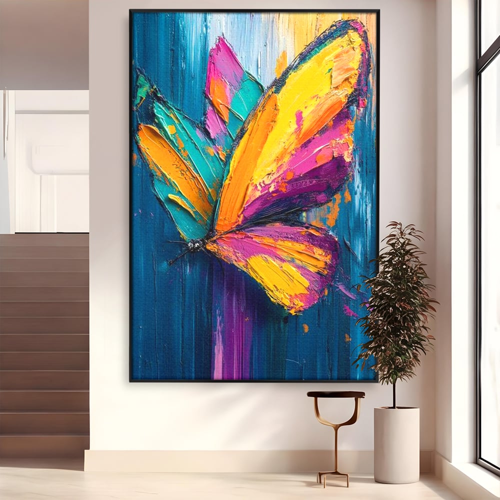 Tablou canvas cu pictura canvas cu fluture colorat, in rama de aluminiu negru