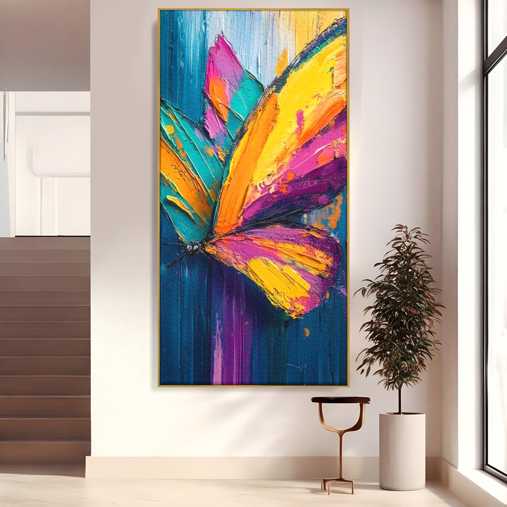 Tablou canvas cu pictura canvas cu fluture colorat, in rama de aluminiu auriu
