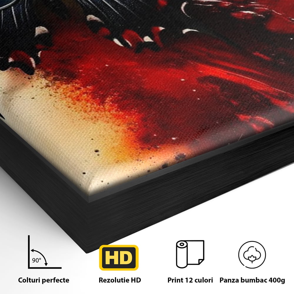 Detaliu al suprafetei: tablou canvas cu fluture negru si fundal rosu, in rama de aluminiu negru