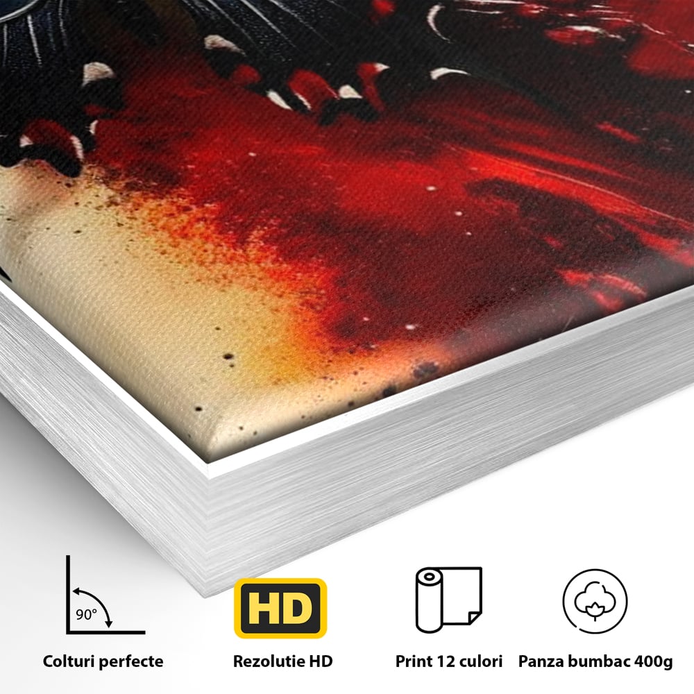Detaliu al suprafetei: tablou canvas cu fluture negru si fundal rosu, in rama de aluminiu argintiu