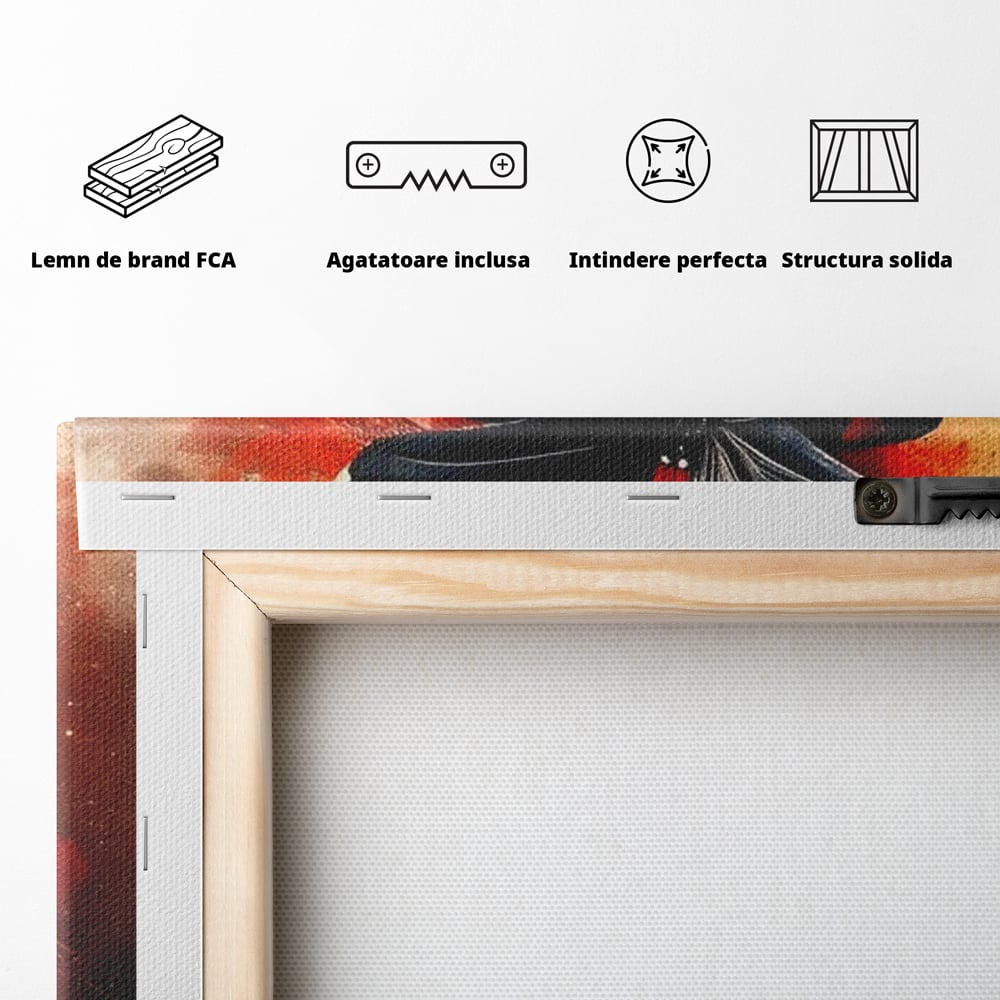 Spatele produsului, cu sasiu din lemn, capse metalice si agatatoare