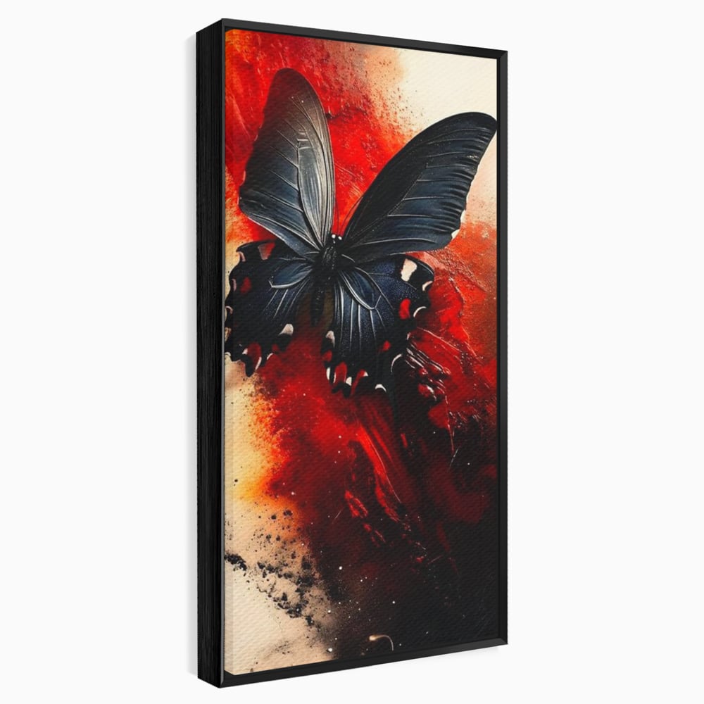 Tablou canvas cu tablou canvas cu fluture negru si fundal rosu, in rama de aluminiu negru