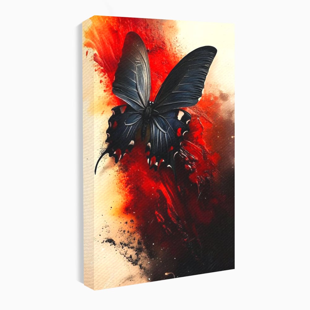 Tablou canvas cu tablou canvas cu fluture negru si fundal rosu, fara rama, pe sasiu de lemn