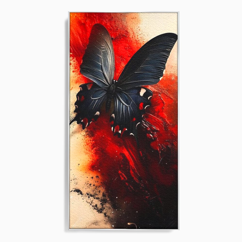 Tablou canvas cu tablou canvas cu fluture negru si fundal rosu, in rama de aluminiu argintiu