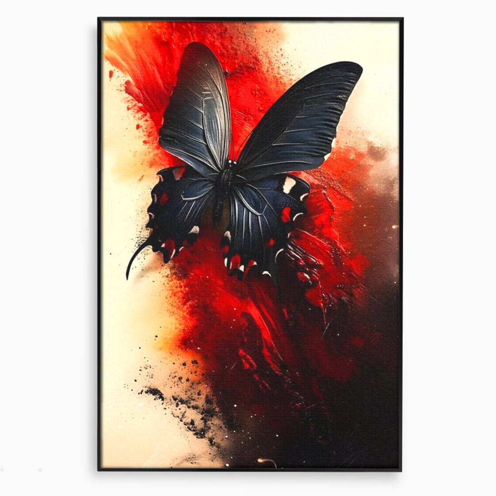 Tablou canvas cu tablou canvas cu fluture negru si fundal rosu, in rama de aluminiu negru