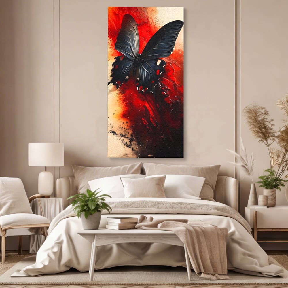 Tablou canvas cu tablou canvas cu fluture negru si fundal rosu, fara rama, pe sasiu de lemn, pe perete intr-un dormitor