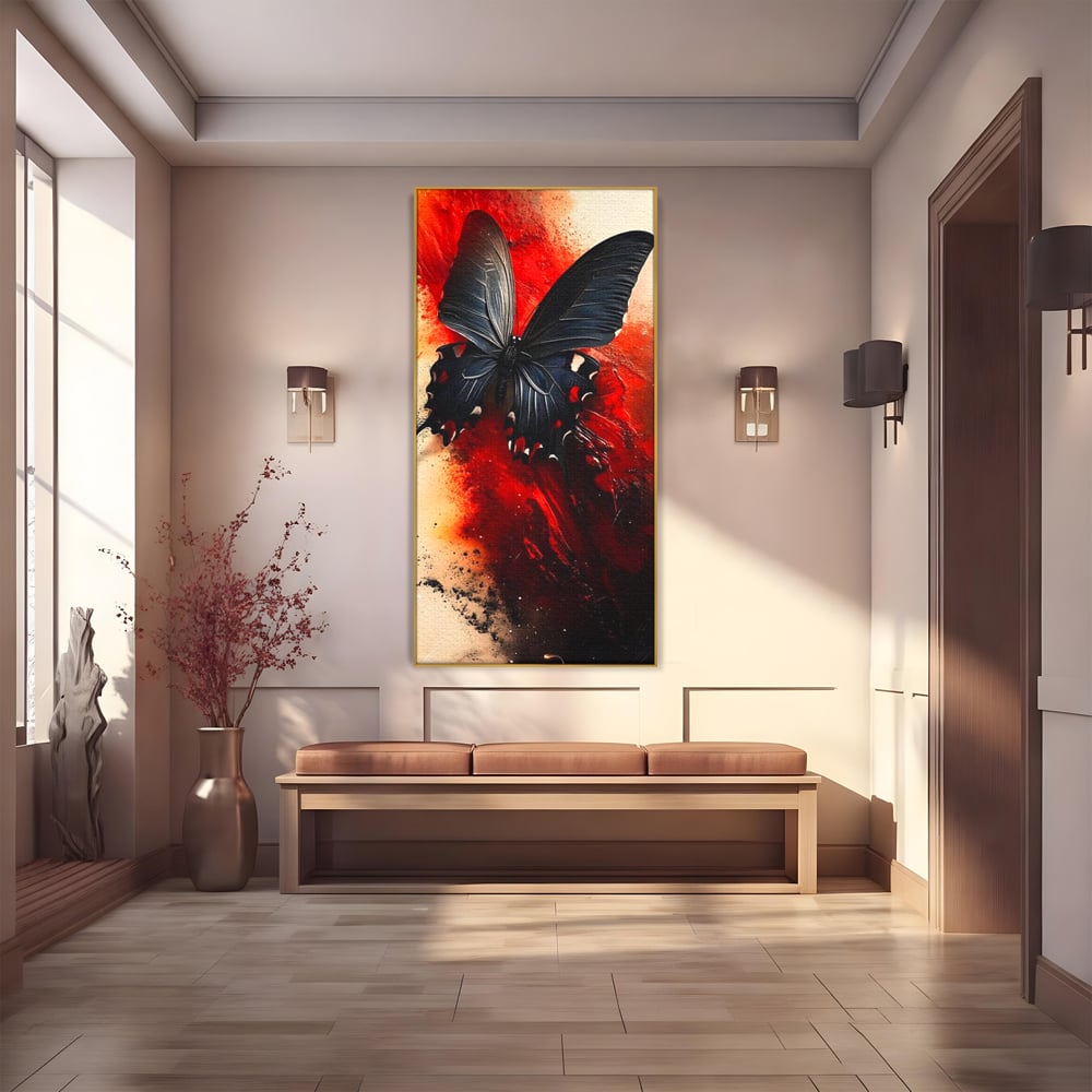 Tablou canvas cu tablou canvas cu fluture negru si fundal rosu, in rama de aluminiu auriu