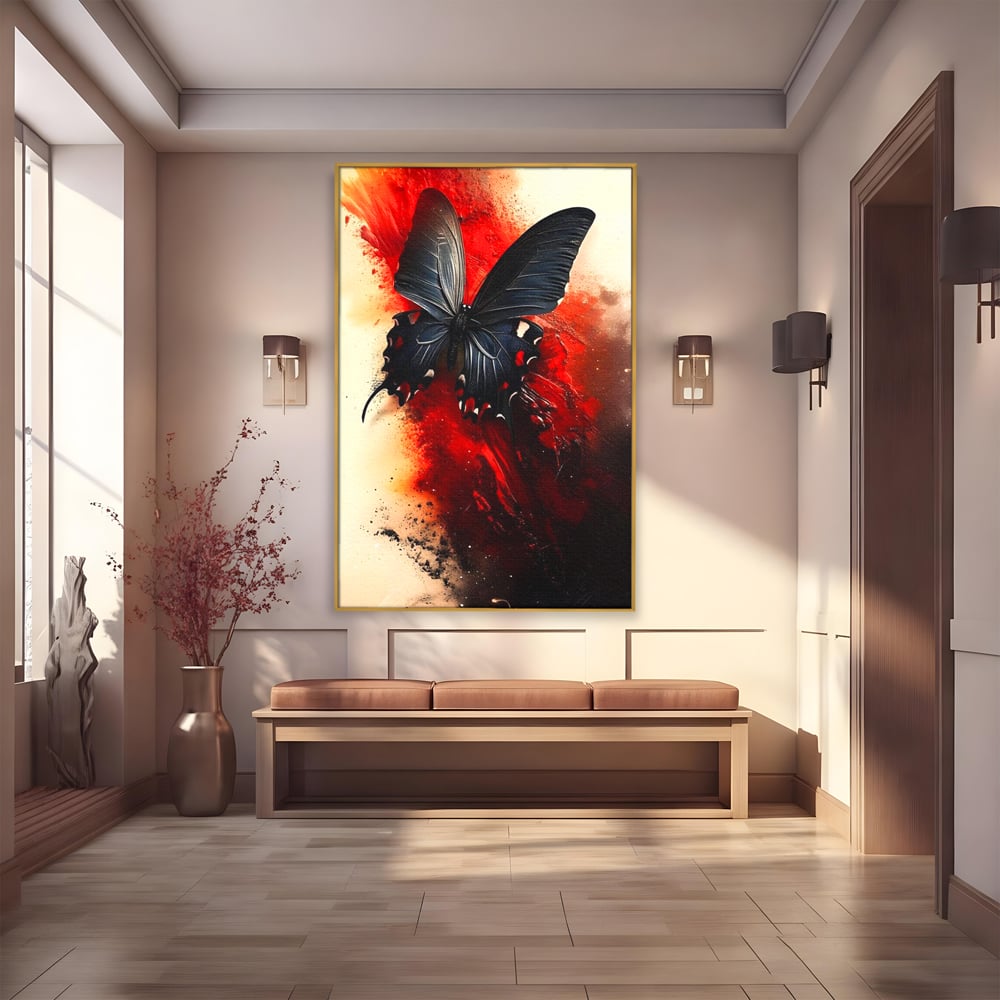 Tablou canvas cu tablou canvas cu fluture negru si fundal rosu, in rama de aluminiu auriu