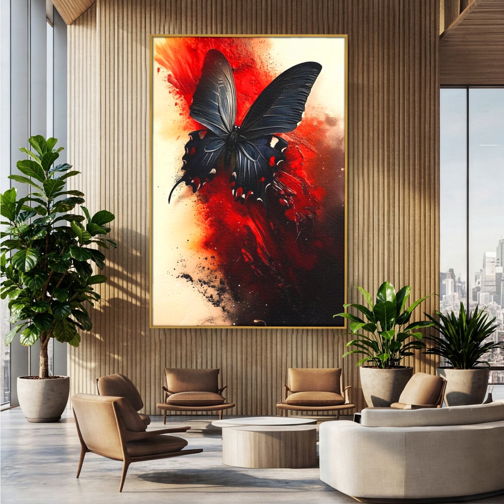 Tablou canvas cu tablou canvas cu fluture negru si fundal rosu, in rama de aluminiu auriu, pe perete intr-un birou