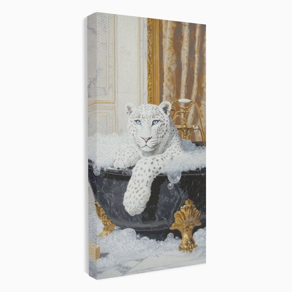 Tablou canvas cu tablou canvas cu leopard alb in cada, fara rama, pe sasiu de lemn
