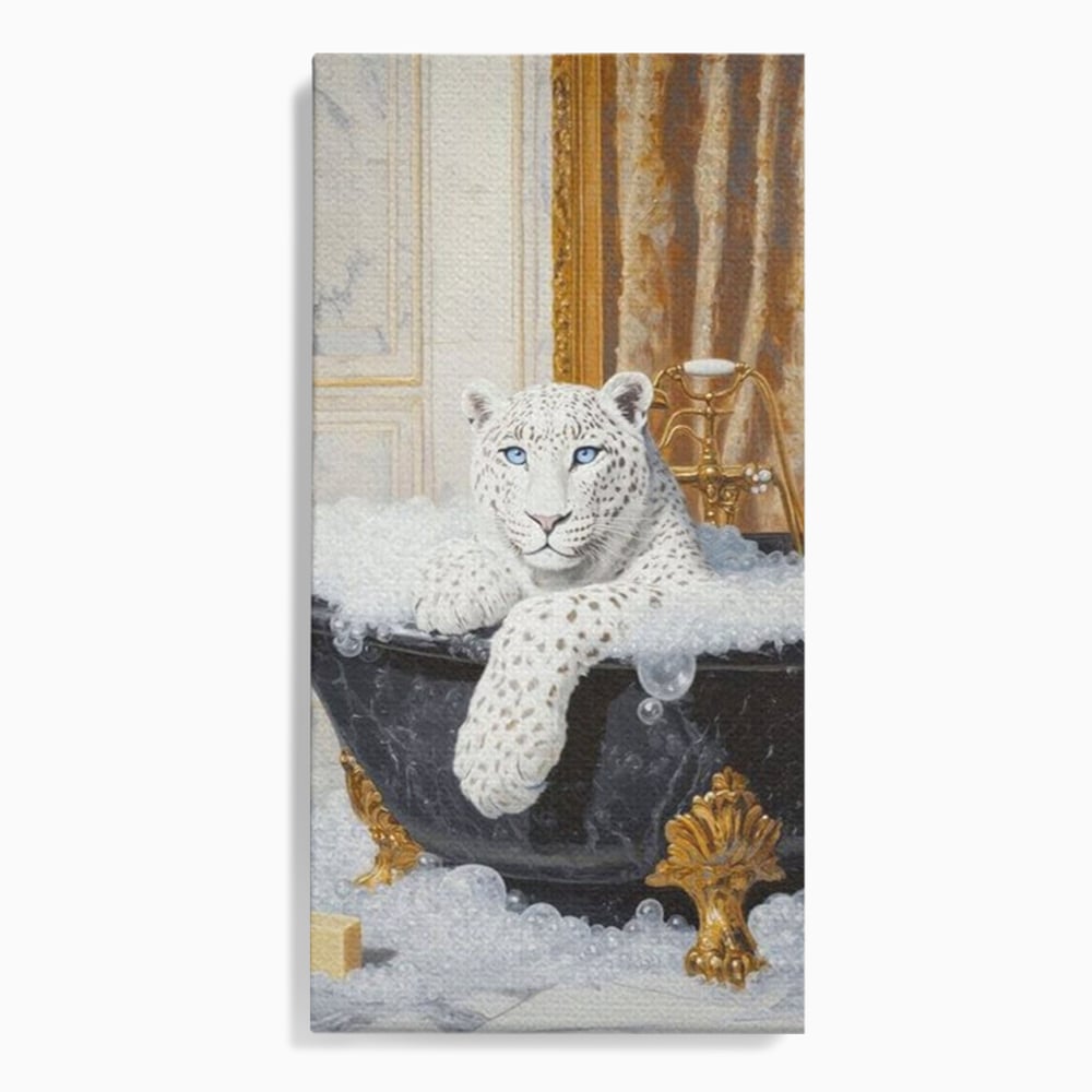 Tablou canvas cu tablou canvas cu leopard alb in cada, fara rama, pe sasiu de lemn