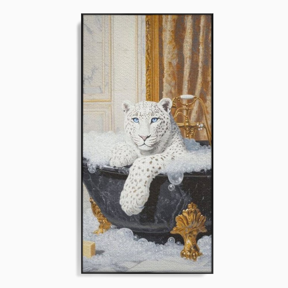 Tablou canvas cu tablou canvas cu leopard alb in cada, in rama de aluminiu negru