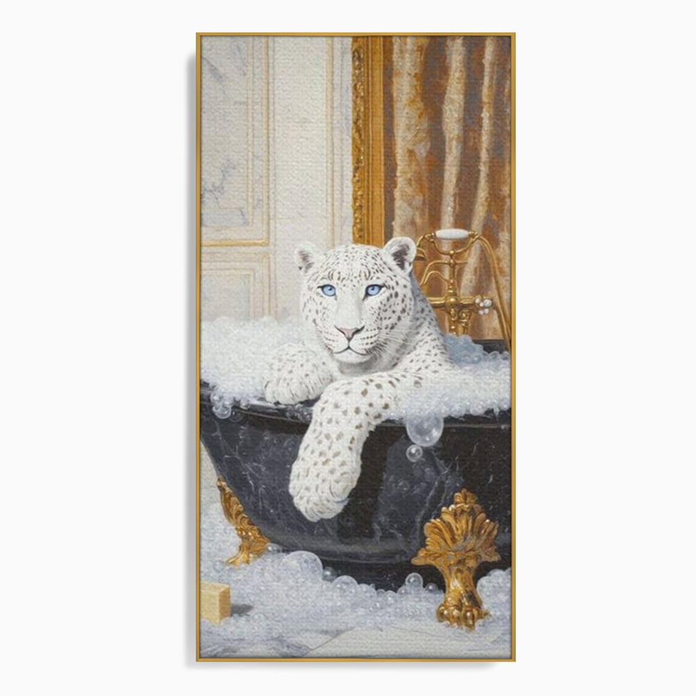 Tablou canvas cu tablou canvas cu leopard alb in cada, in rama de aluminiu auriu