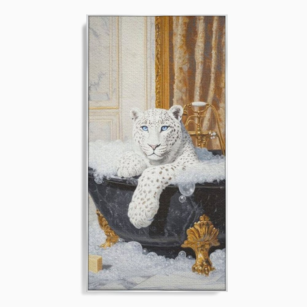 Tablou canvas cu tablou canvas cu leopard alb in cada, in rama de aluminiu argintiu