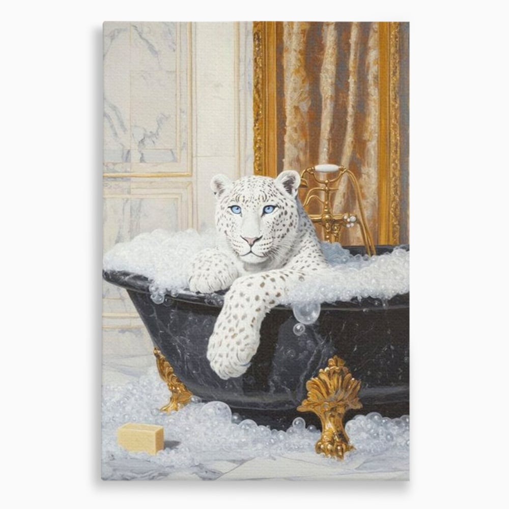 Tablou canvas cu tablou canvas cu leopard alb in cada, fara rama, pe sasiu de lemn