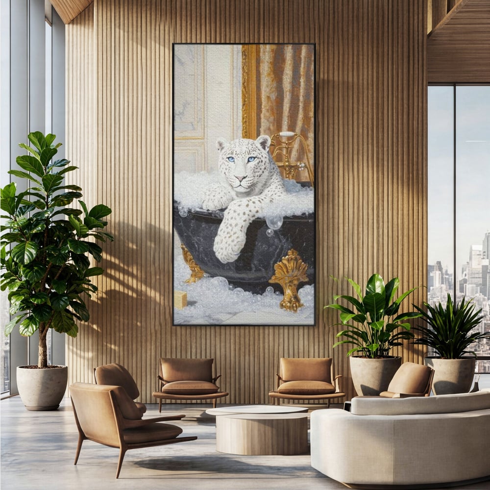 Tablou canvas cu tablou canvas cu leopard alb in cada, in rama de aluminiu negru, pe perete intr-un birou
