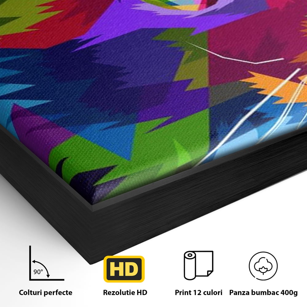 Detaliu al suprafetei: tablou canvas cu pisica pop art, in rama de aluminiu negru
