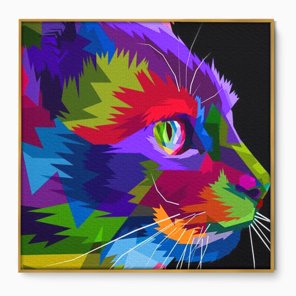 Tablou canvas cu tablou canvas cu pisica pop art, in rama de aluminiu auriu