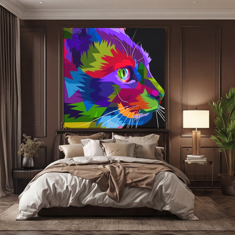 Tablou canvas cu tablou canvas cu pisica pop art, fara rama, pe sasiu de lemn, pe perete intr-un dormitor
