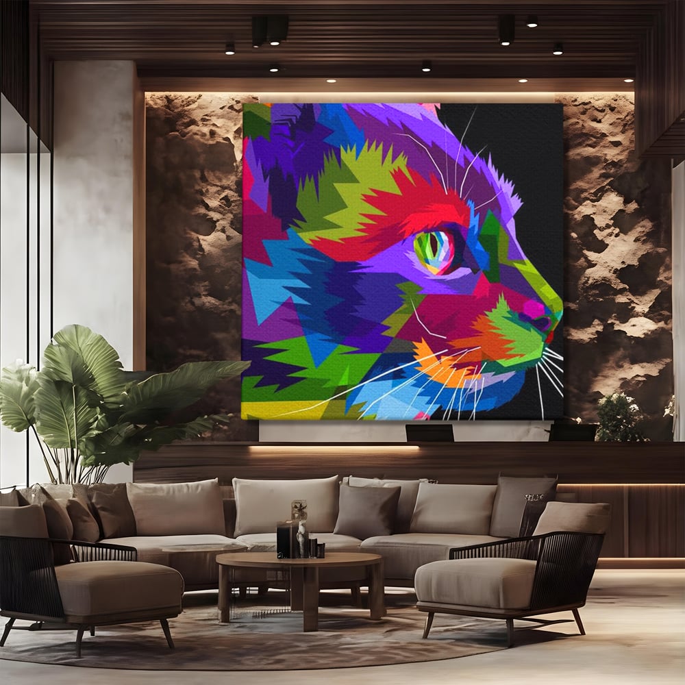 Tablou canvas cu tablou canvas cu pisica pop art, fara rama, pe sasiu de lemn, pe perete intr-un birou