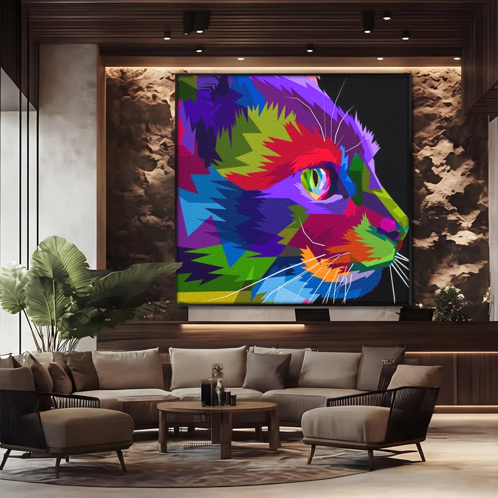 Tablou canvas cu tablou canvas cu pisica pop art, in rama de aluminiu negru, pe perete intr-un birou