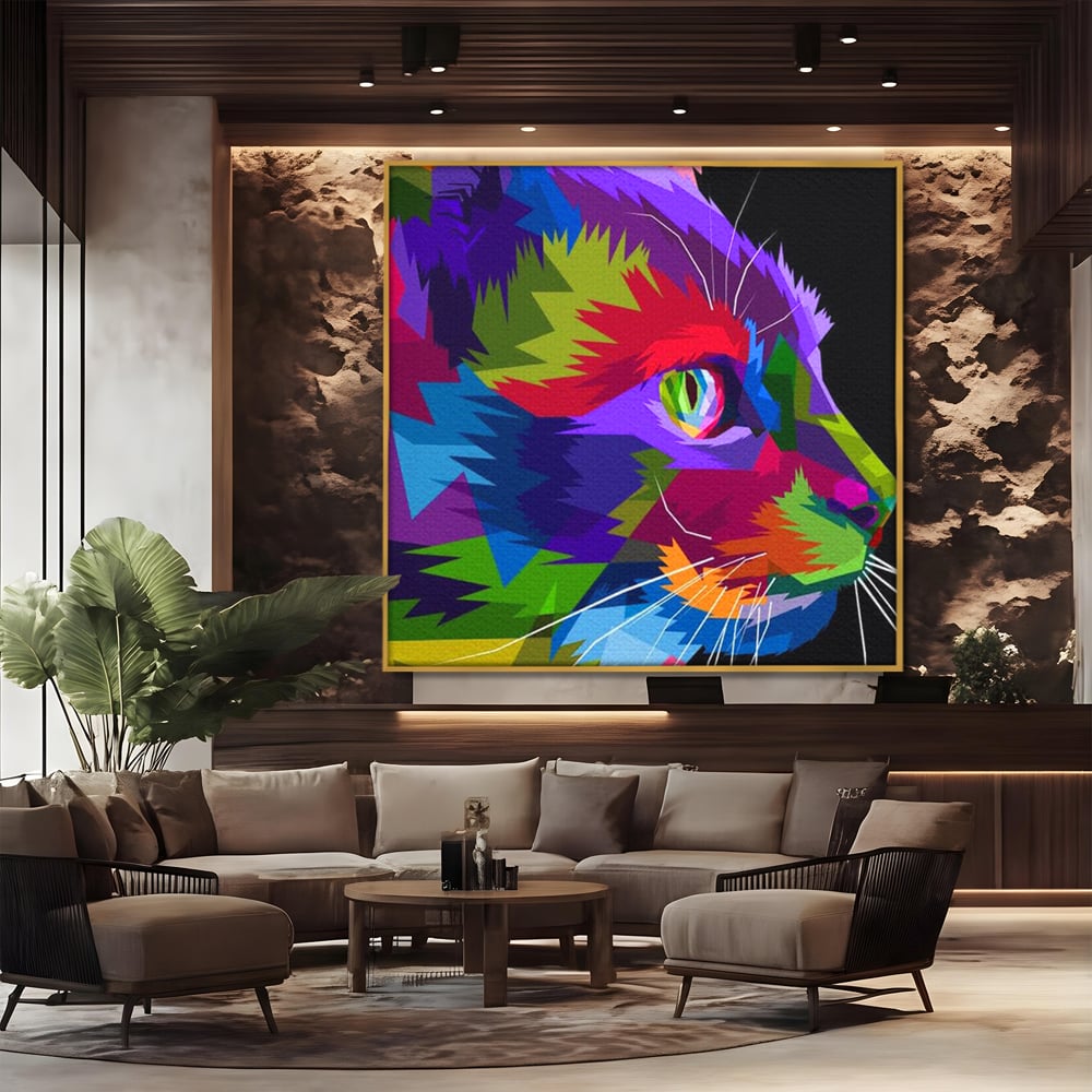 Tablou canvas cu tablou canvas cu pisica pop art, in rama de aluminiu auriu, pe perete intr-un birou
