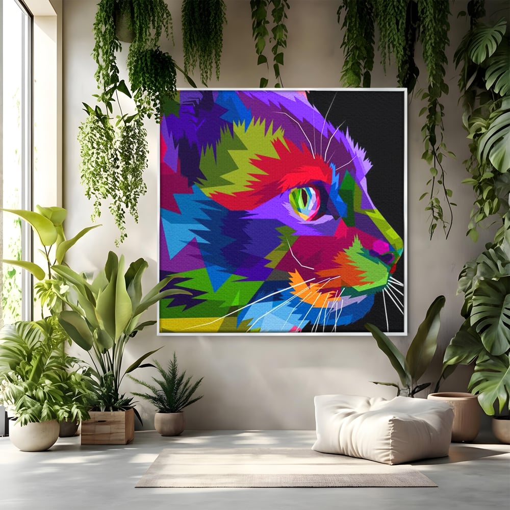 Tablou canvas cu tablou canvas cu pisica pop art, in rama de aluminiu argintiu