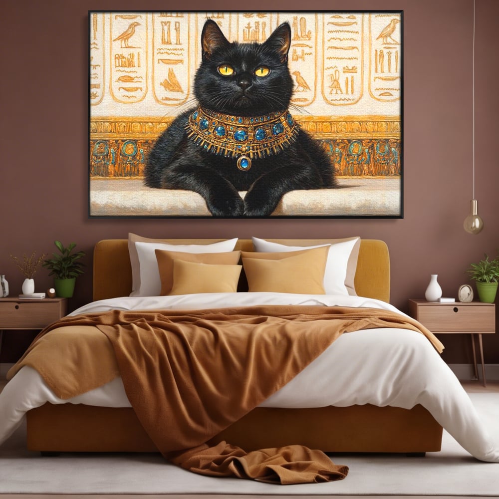 Tablou canvas cu tablou canvas cu pisica neagra egipteana, in rama de aluminiu negru, pe perete intr-un dormitor