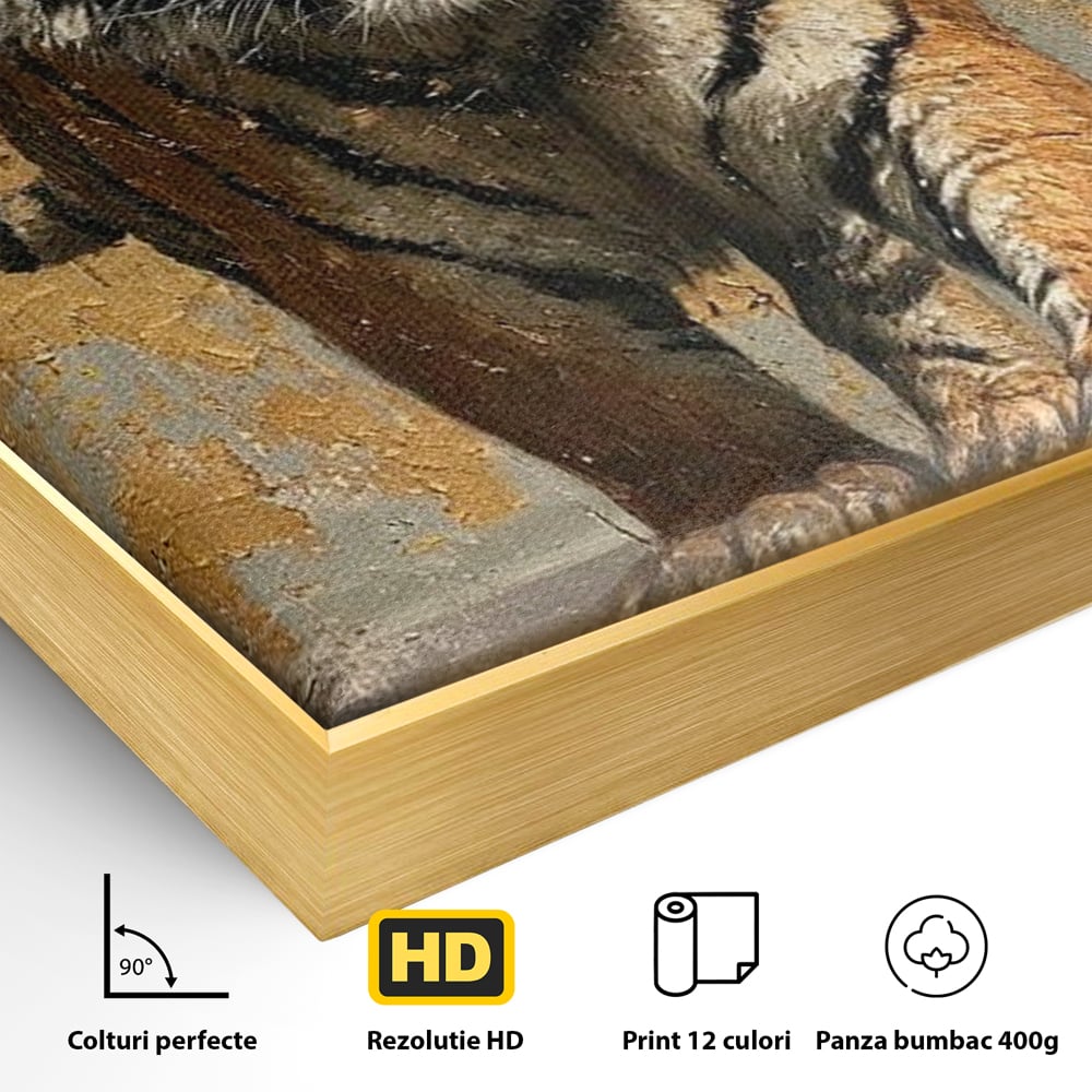 Detaliu al suprafetei: tablou canvas cu tigru pe fundal auriu, in rama de aluminiu auriu