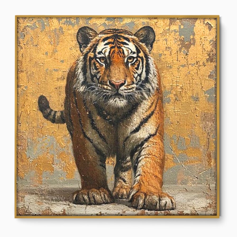Tablou canvas cu tablou canvas cu tigru pe fundal auriu, in rama de aluminiu auriu