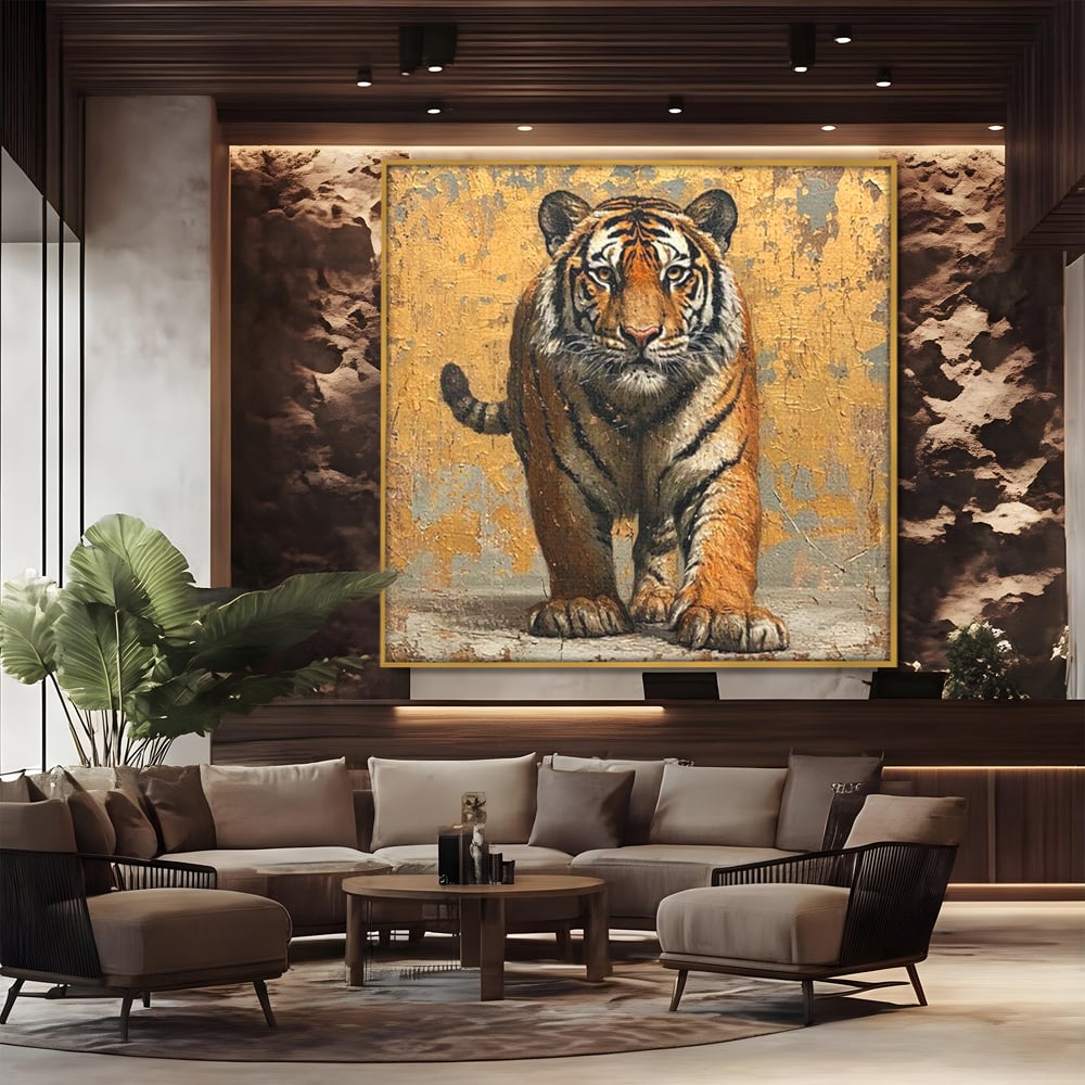 Tablou canvas cu tablou canvas cu tigru pe fundal auriu, in rama de aluminiu auriu, pe perete intr-un birou