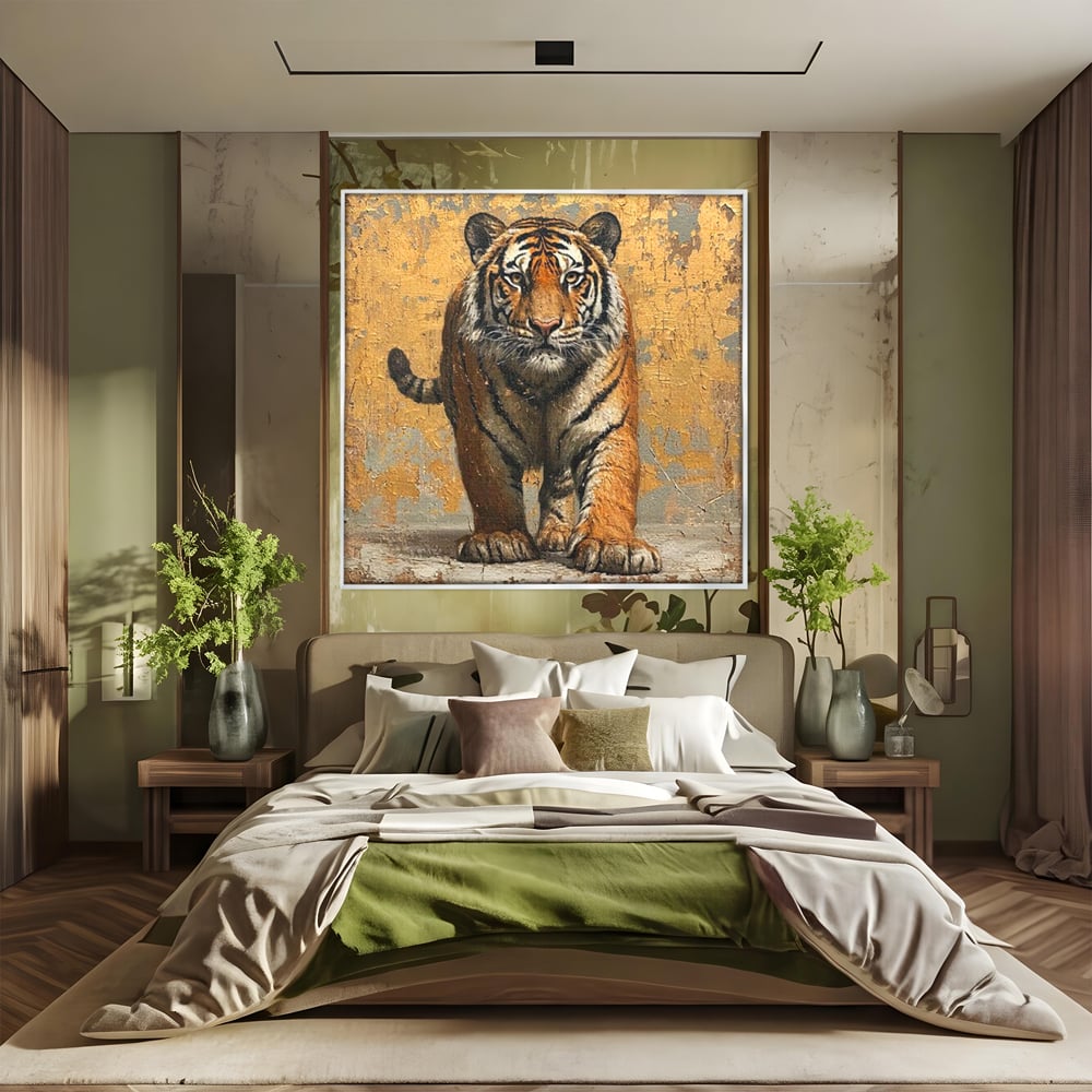 Tablou canvas cu tablou canvas cu tigru pe fundal auriu, in rama de aluminiu argintiu, pe perete intr-un dormitor