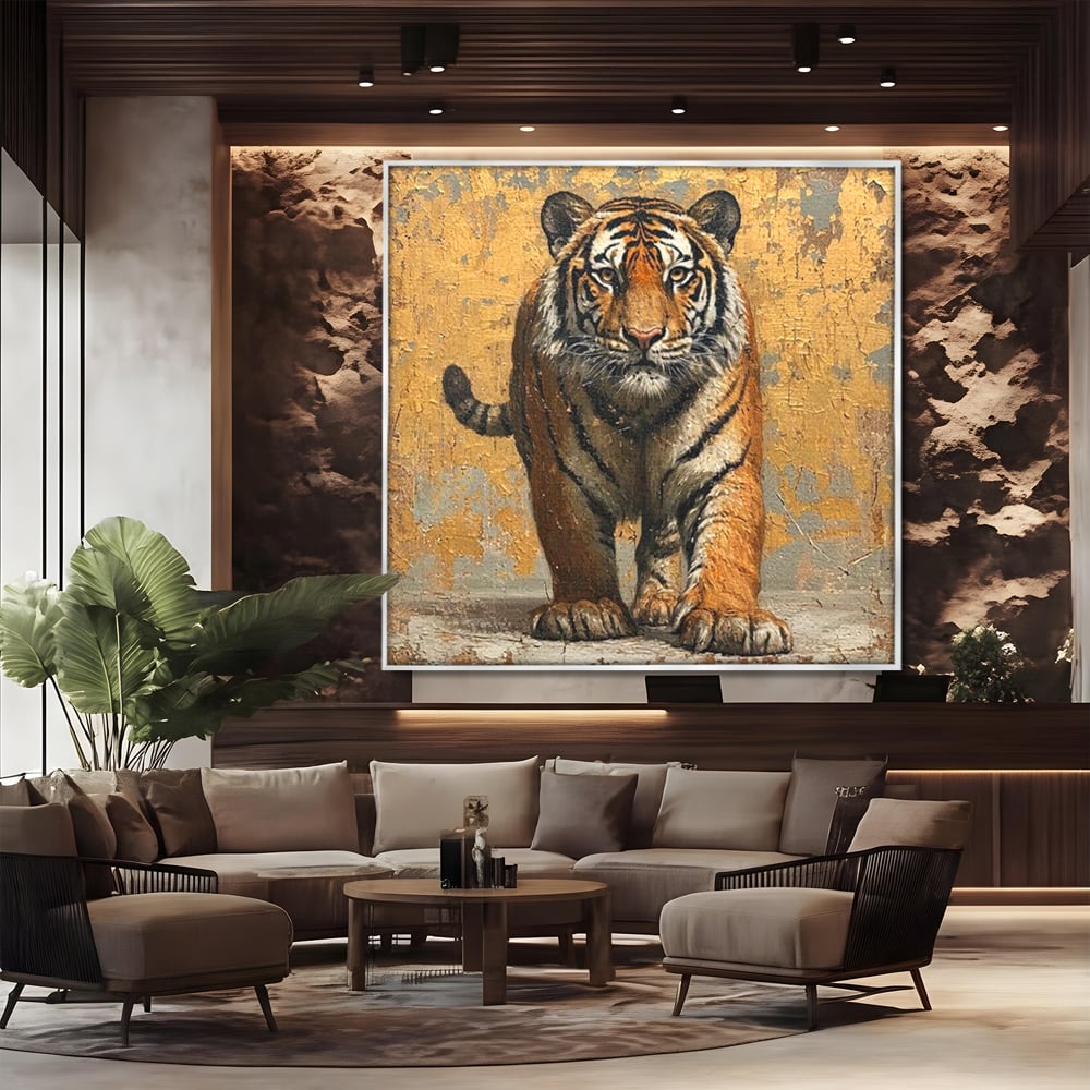 Tablou canvas cu tablou canvas cu tigru pe fundal auriu, in rama de aluminiu argintiu, pe perete intr-un birou