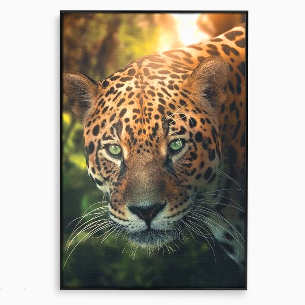 Tablou canvas cu tablou canvas cu jaguar din jungla, in rama de aluminiu negru