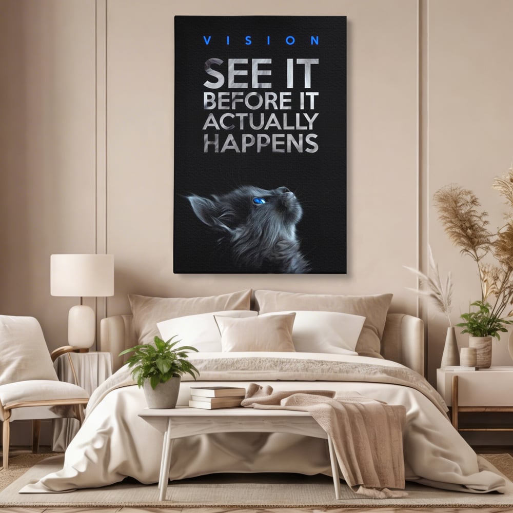 Tablou canvas cu tablou vertical cu pisica neagra si text, fara rama, pe sasiu de lemn, pe perete intr-un dormitor