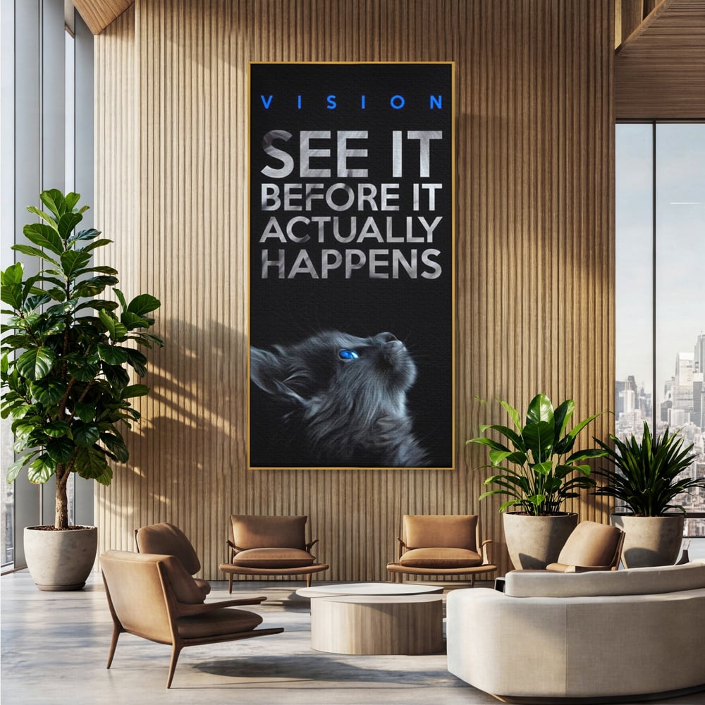 Tablou canvas cu tablou vertical cu pisica neagra si text, in rama de aluminiu auriu, pe perete intr-un birou