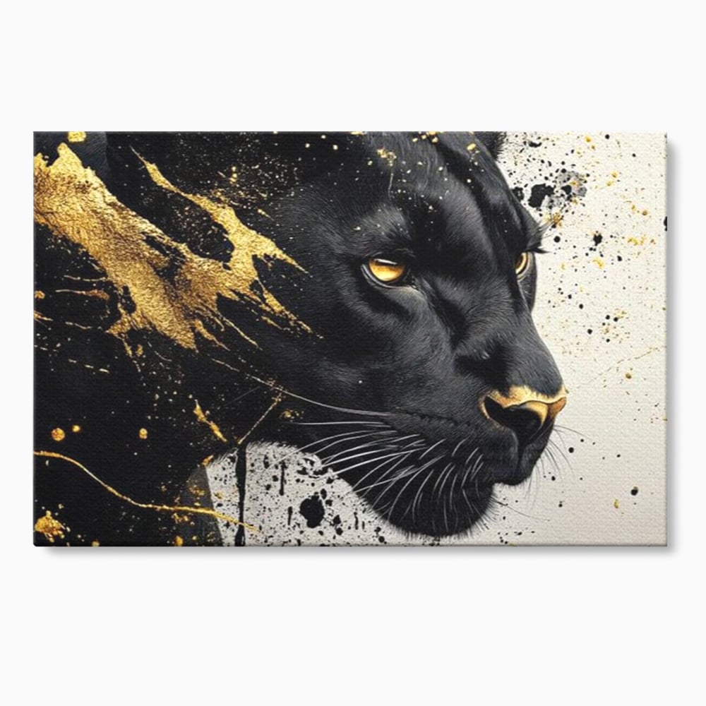 Tablou canvas cu tablou canvas cu pantera neagra si pete aurii, fara rama, pe sasiu de lemn