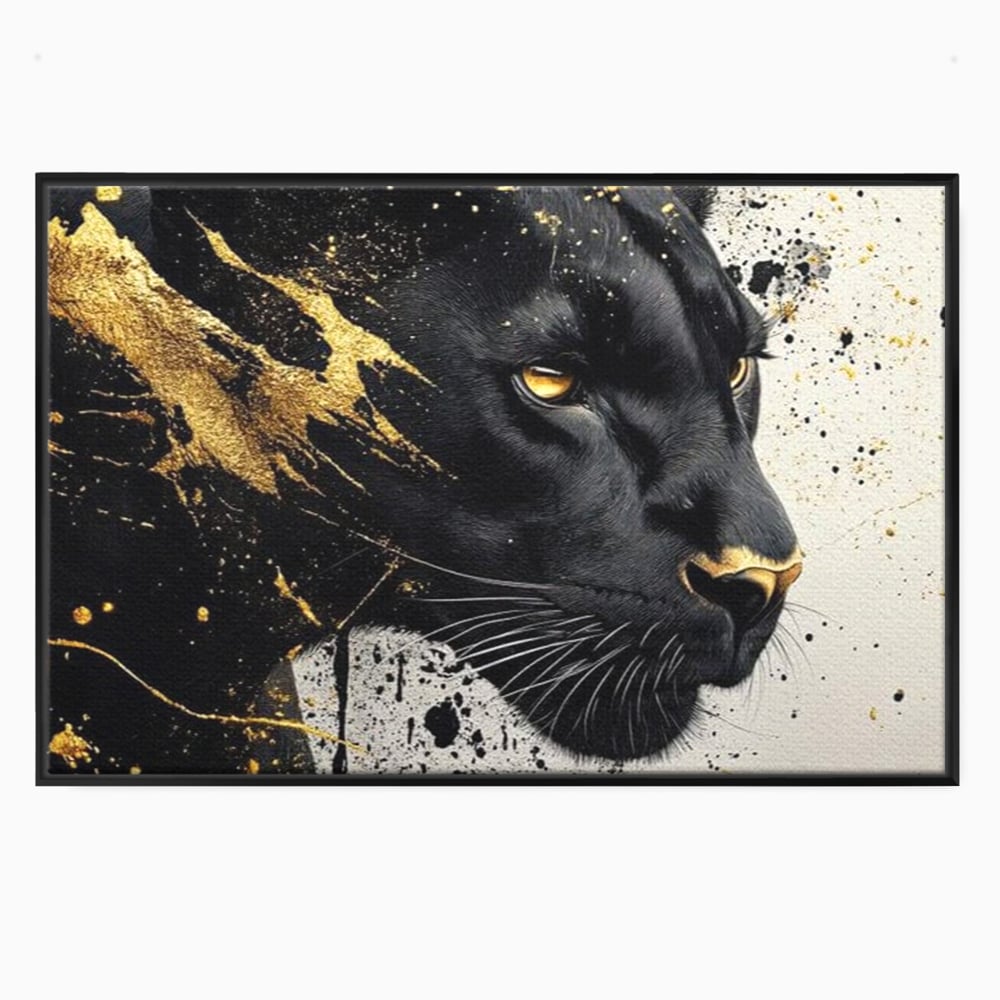 Tablou canvas cu tablou canvas cu pantera neagra si pete aurii, in rama de aluminiu negru