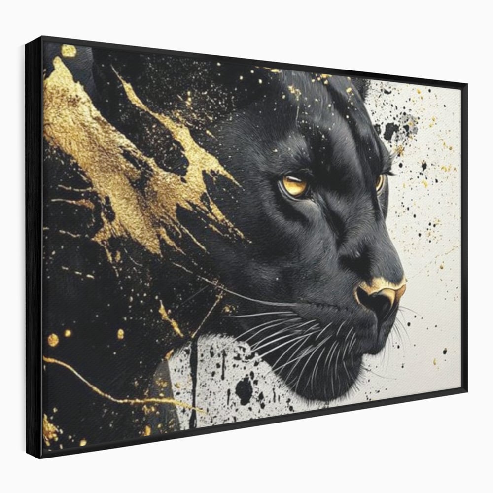 Tablou canvas cu tablou canvas cu pantera neagra si pete aurii, in rama de aluminiu negru