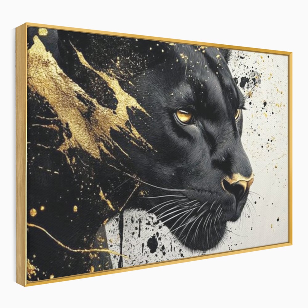 Tablou canvas cu tablou canvas cu pantera neagra si pete aurii, in rama de aluminiu auriu