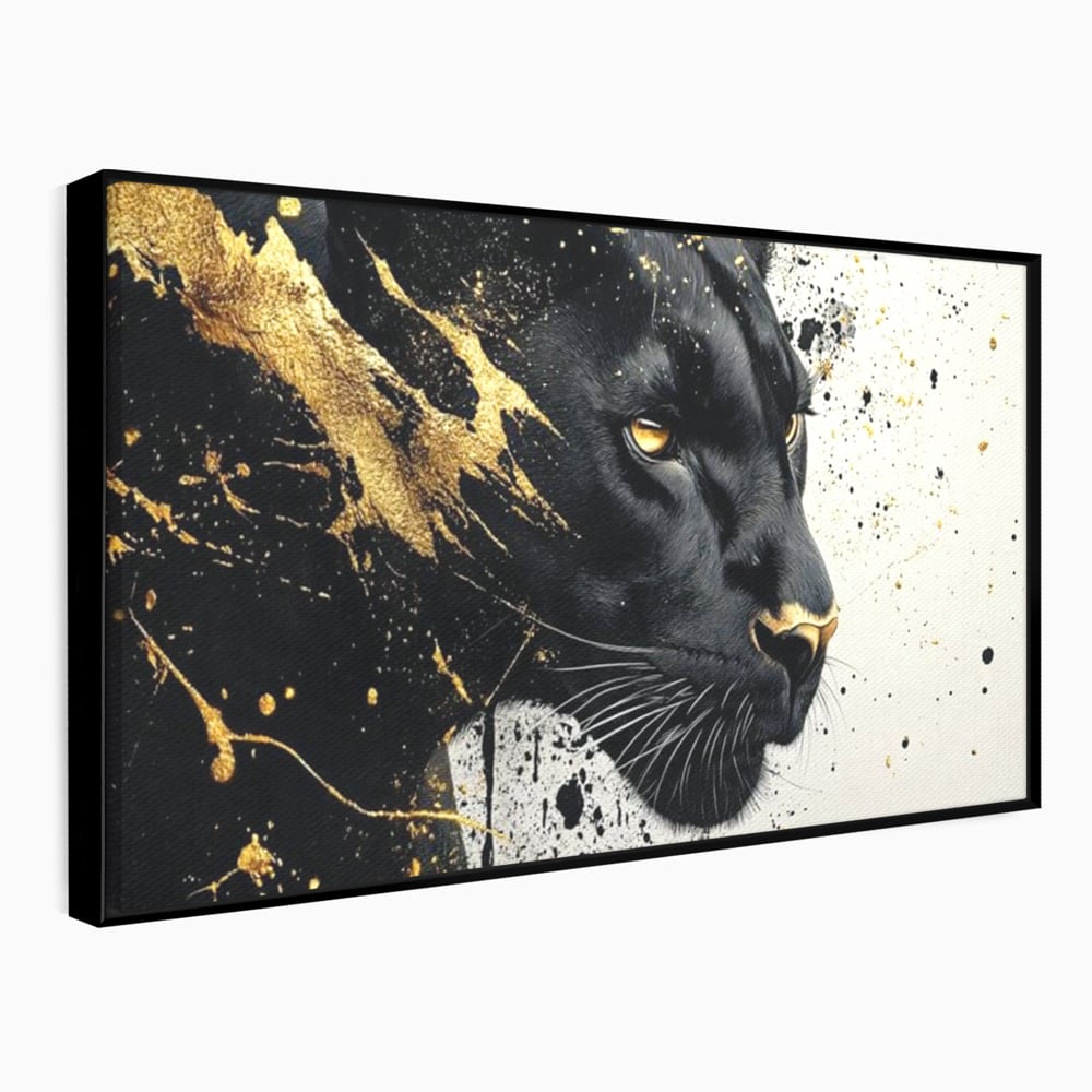 Tablou canvas cu tablou canvas cu pantera neagra si pete aurii, in rama de aluminiu negru