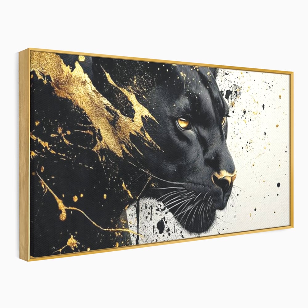 Tablou canvas cu tablou canvas cu pantera neagra si pete aurii, in rama de aluminiu auriu