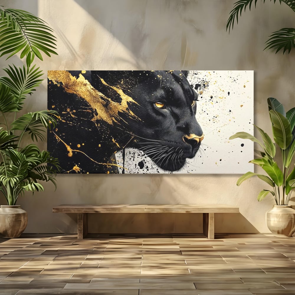 Tablou canvas cu tablou canvas cu pantera neagra si pete aurii, fara rama, pe sasiu de lemn