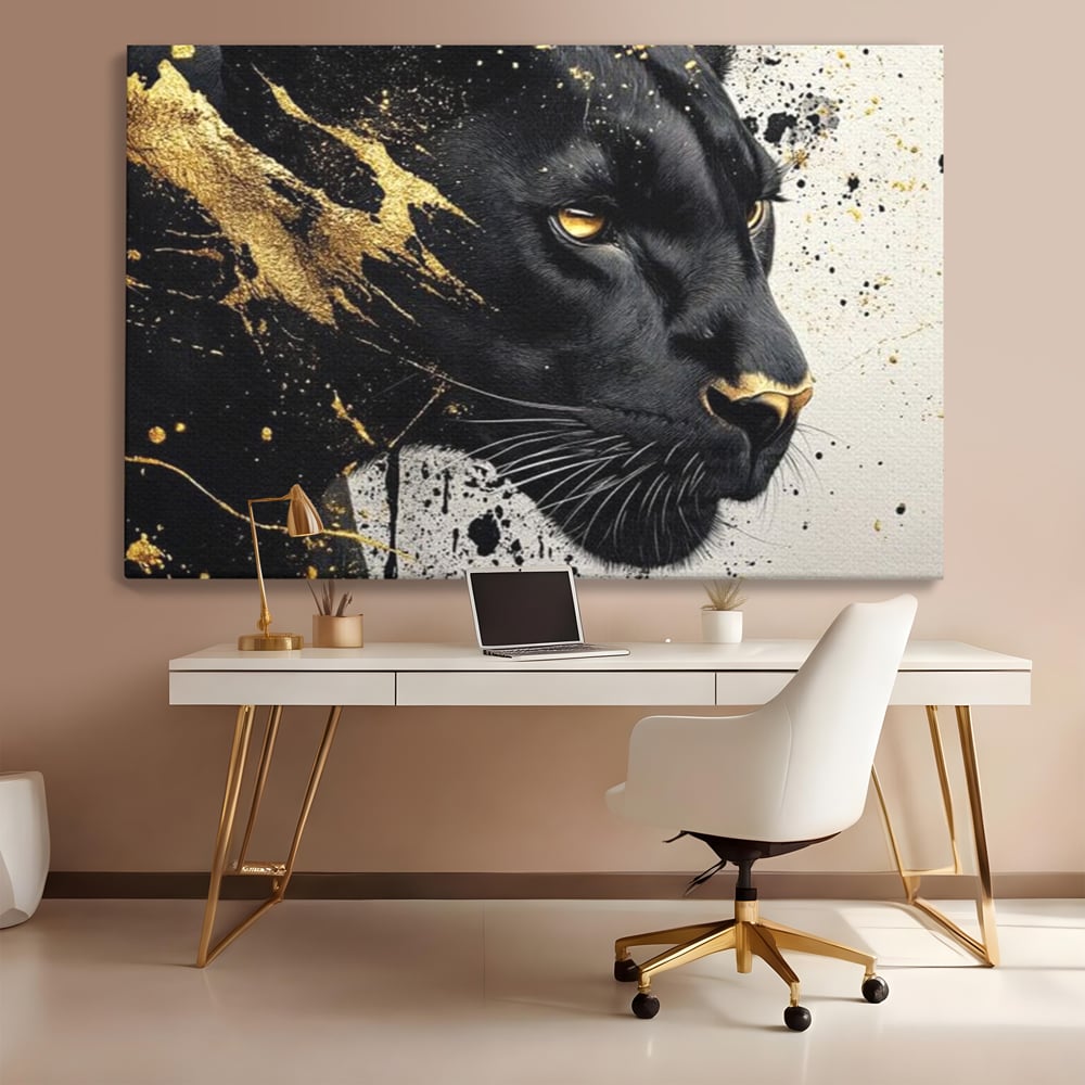 Tablou canvas cu tablou canvas cu pantera neagra si pete aurii, fara rama, pe sasiu de lemn, pe perete intr-un birou