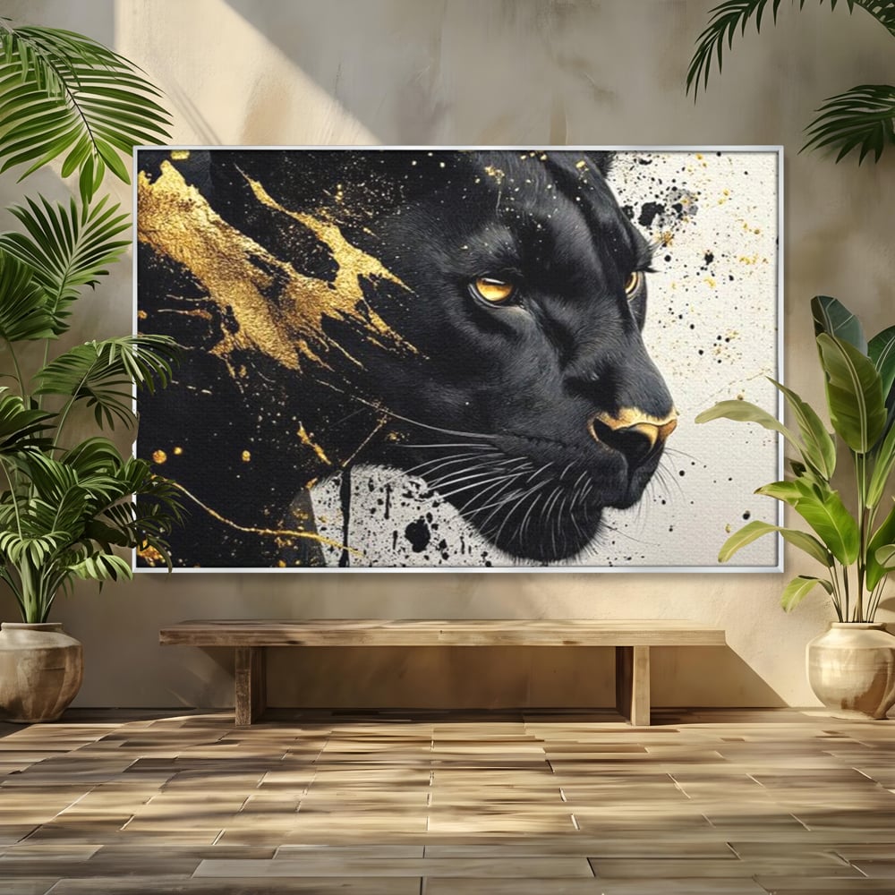 Tablou canvas cu tablou canvas cu pantera neagra si pete aurii, in rama de aluminiu argintiu