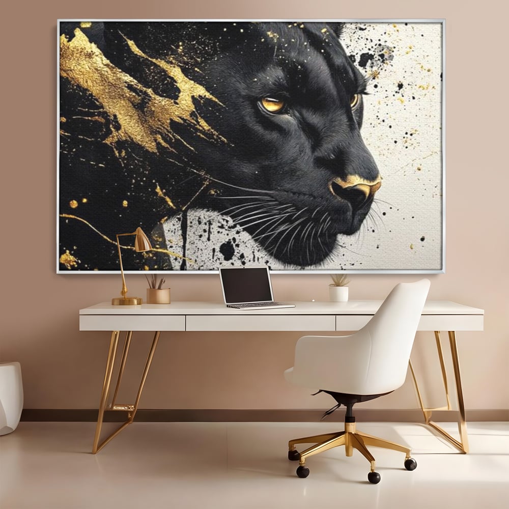Tablou canvas cu tablou canvas cu pantera neagra si pete aurii, in rama de aluminiu argintiu, pe perete intr-un birou