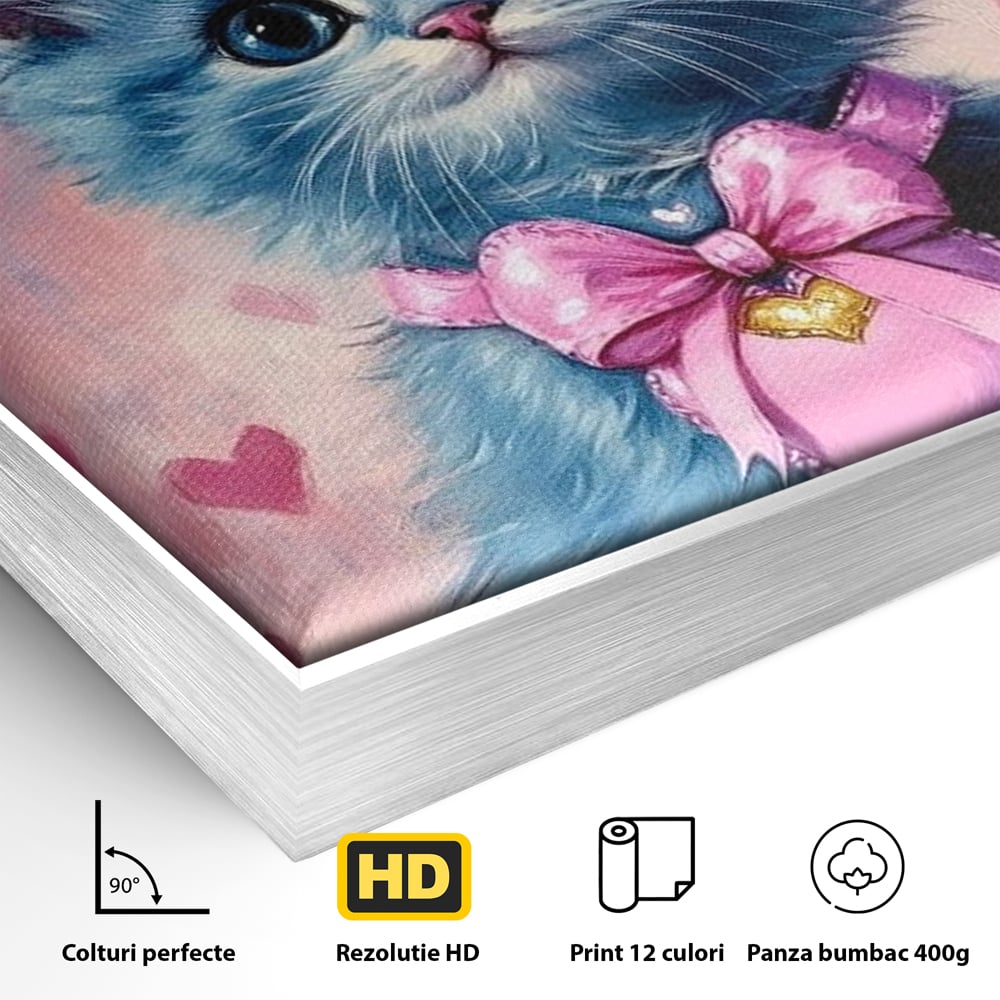 Detaliu al suprafetei: tablou canvas cu pisica albastra purtand coroana, in rama de aluminiu argintiu