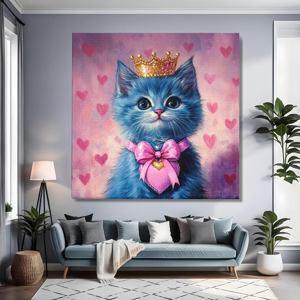 Tablou canvas cu tablou canvas cu pisica albastra purtand coroana, fara rama, pe sasiu de lemn, pe perete intr-un living