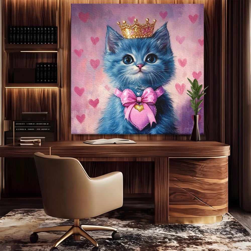 Tablou canvas cu tablou canvas cu pisica albastra purtand coroana, fara rama, pe sasiu de lemn, pe perete intr-un birou